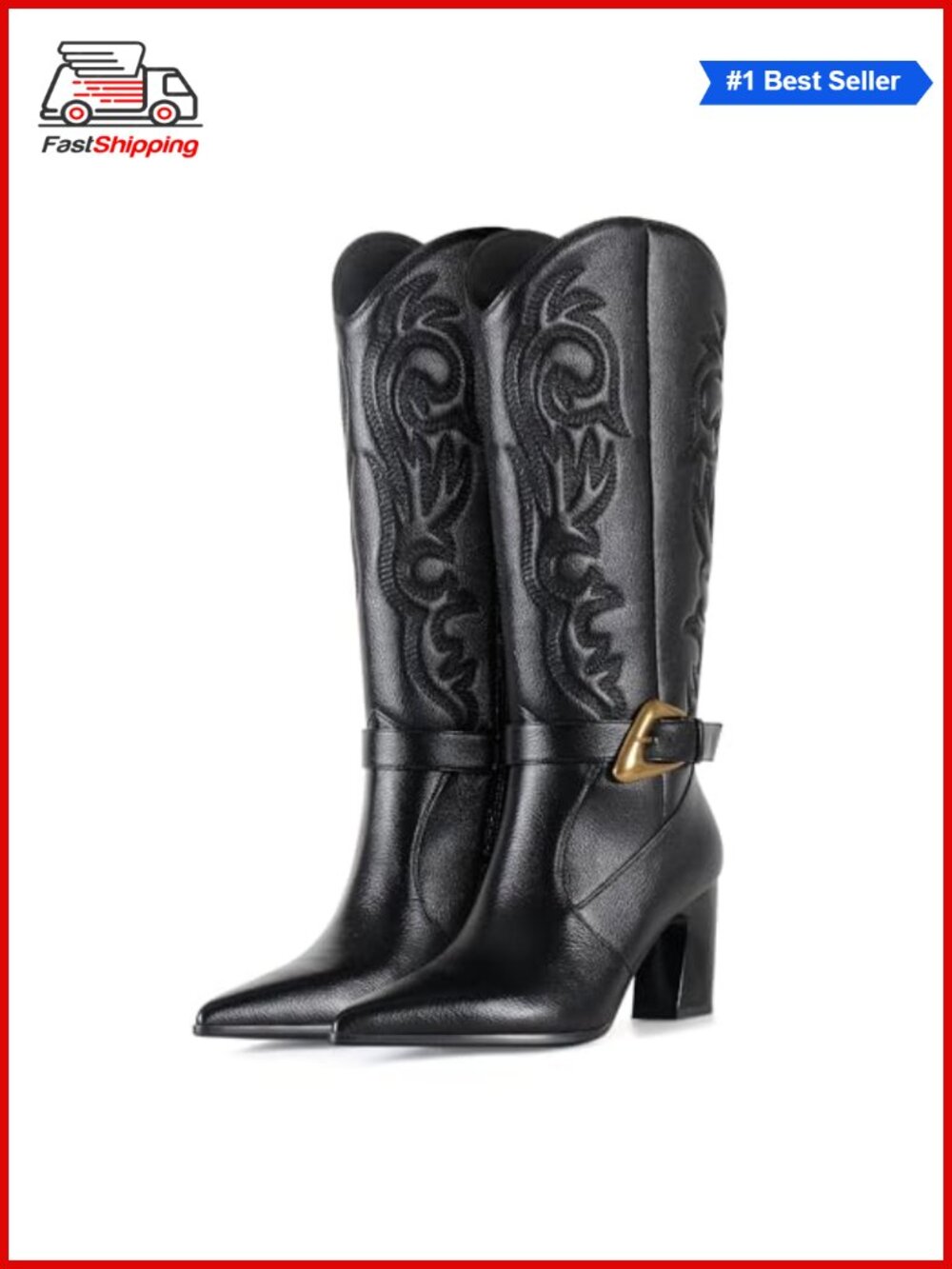 ✨ Western Cowboy Knee High Boots Pointed Toe Chunky Block Heel Faux Leather